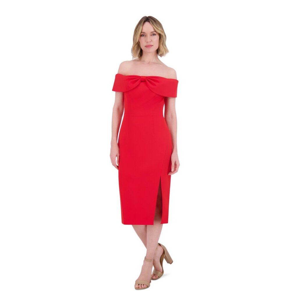 Eliza J Red Off Shoulder Bow Midi Dress Size 2 NWT Elegant Party Dress